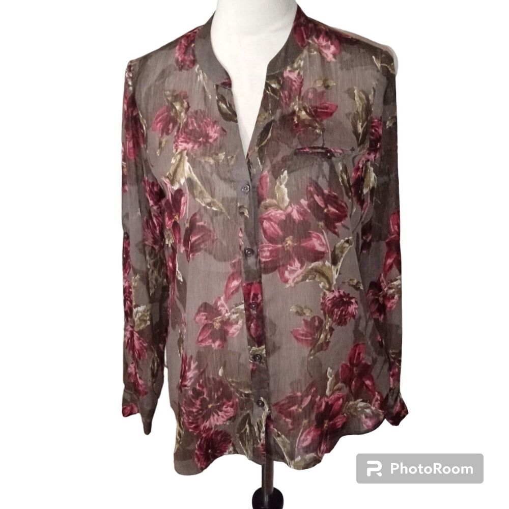 KUT from the KLOTH Brown Floral Sheer Roll tab Blouse Size SP